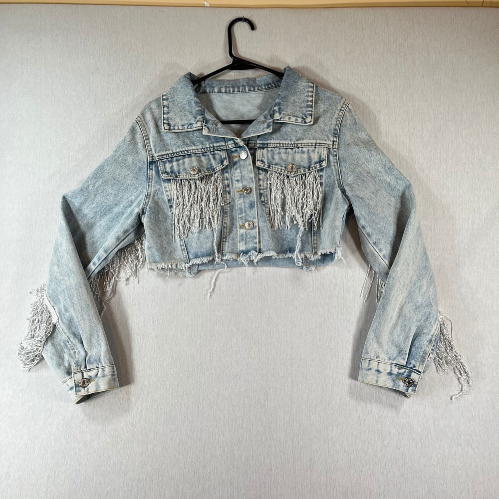 SHEIN Cropped Denim Jacket S Acid Wash Silver Metallic Fringe Western Cowgirl